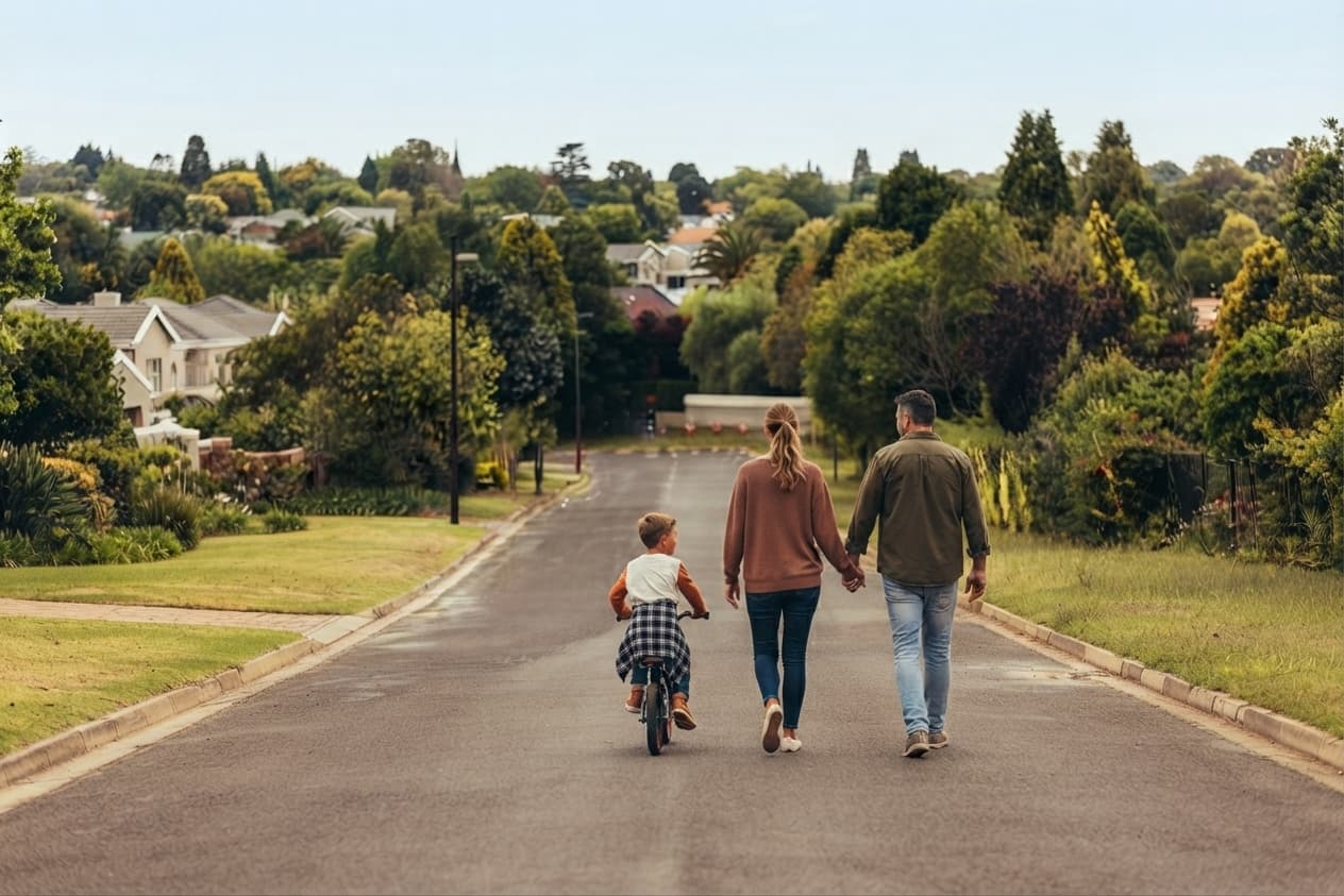 Two adults walking hand in hand down a quiet, tree-lined suburban street beside a young child riding a bike
