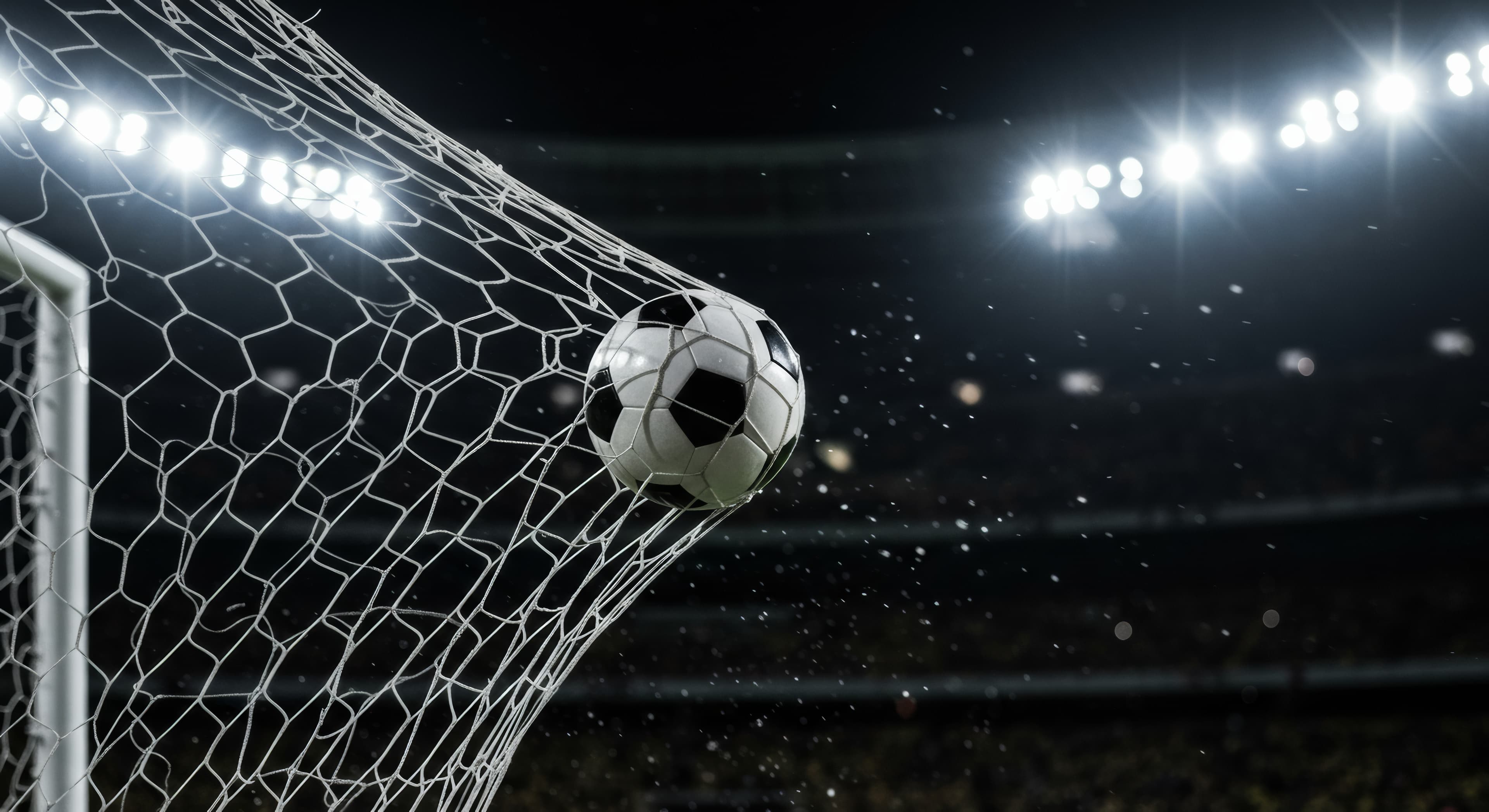 A soccer ball hitting the back of the net under stadium floodlights.